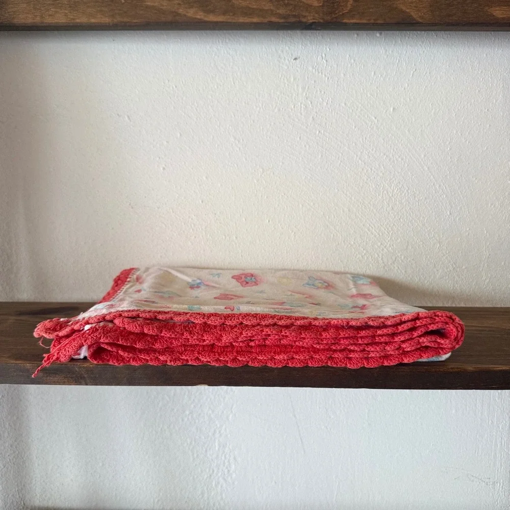 Vintage Baby Blanket Teddy Bear Print Red Crochet Trim 43x40